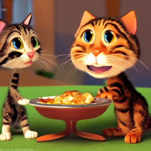 Image similar to pixar cgi cats having a nice dinner