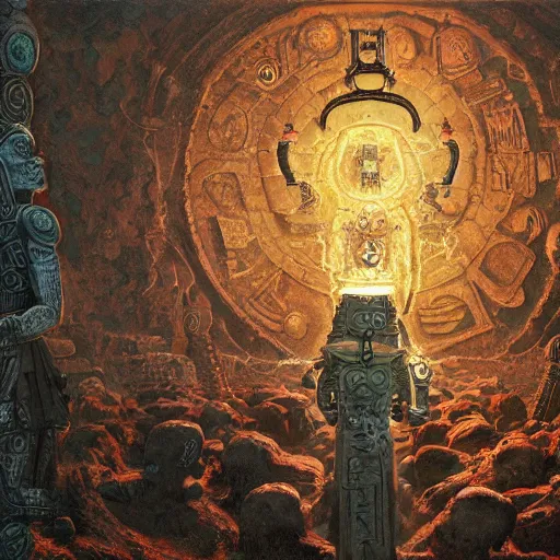 Image similar to an ancient Aztec god!!! summoning the serpent god!! robot!, part by Norman Rockwell, part by Greg Rutkowski , part by Mattias Adolfsson, volumetric lighting!!, oil on canvas
