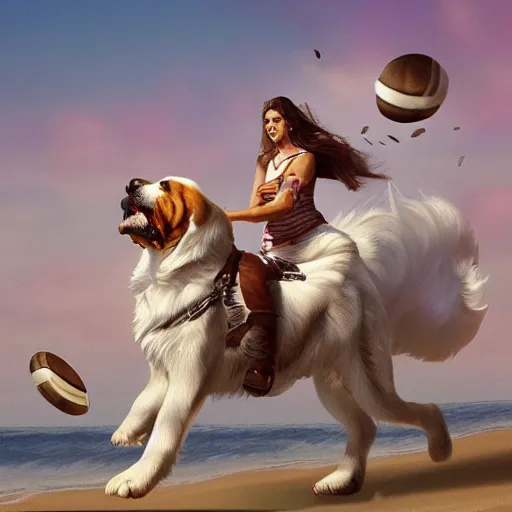 Image similar to girl riding a giant saint Bernard at the beach catching a frisbee, trending on artstation