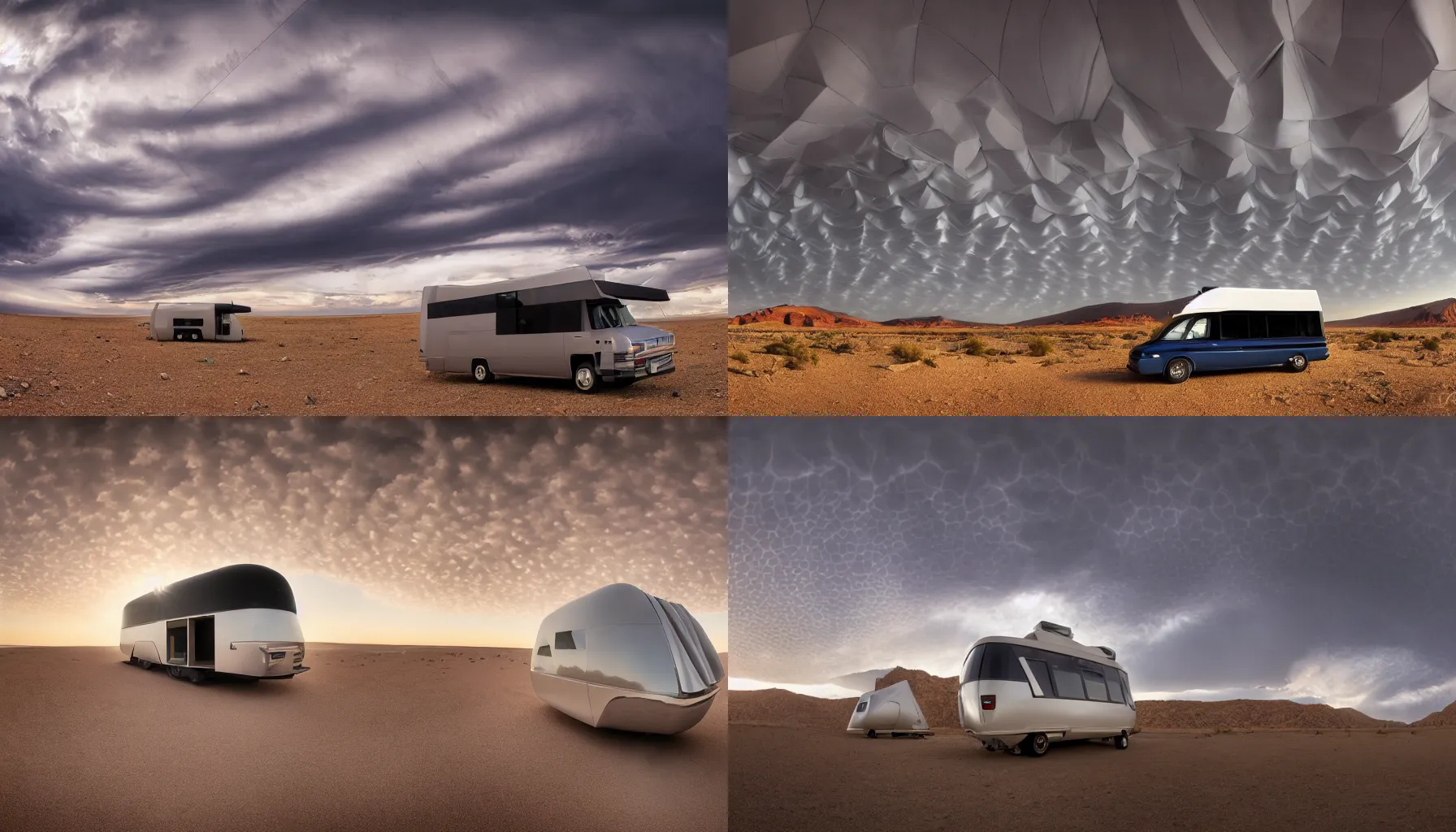 Prompt: a professional photograph of a Winnebago designed by Buckminster Fuller and Zaha Hadid in the desert Mammatus clouds worms eye shot, wide-angle, racking focus, extreme panoramic, Dynamic Range, HDR, chromatic aberration, Orton effect, Photo by Marc Adamus, Ryan Dyar, Ezra Stoller, and Andres Gursky