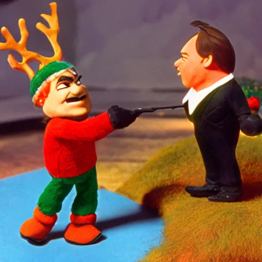 Image similar to Claymation art of Jack Black greeting Rudolph the Red-nosed Reindeer, 1964, color, extremely detailed