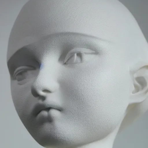 Image similar to female porcelain sculpture by daniel arsham and raoul marks, smooth, full head, all white features on a white background, detailed white 3 d giant poppies on the head