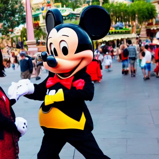 Image similar to mickey mouse gangster attacking tourist in disneyland