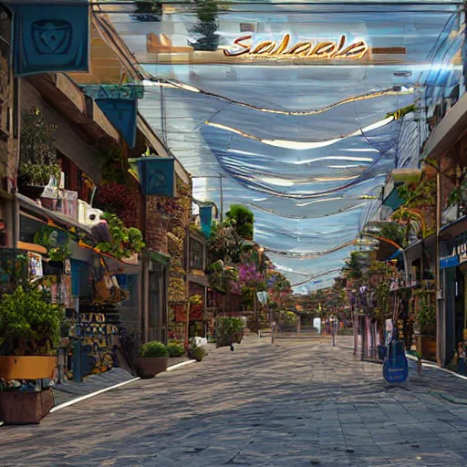 Image similar to solarpunk shopping street