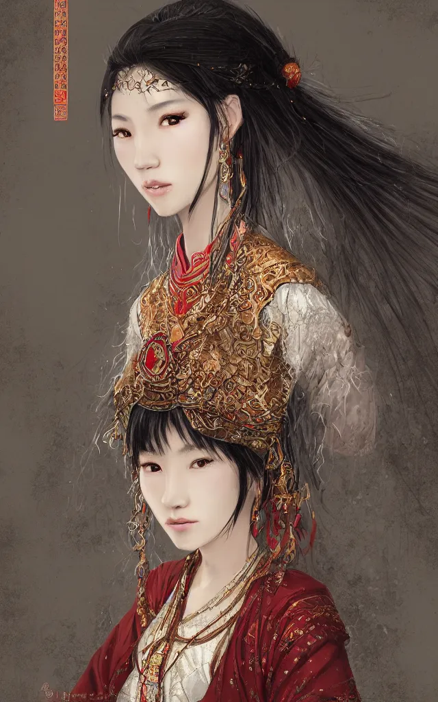 Prompt: 3 quarter view portrait of beautiful Chinese girl wearing traditional Kyrgyz clothing, wearing tarnished jewelry, dim stormy black background, ArtStation, muted color scheme, by Luis Royo and WLOP