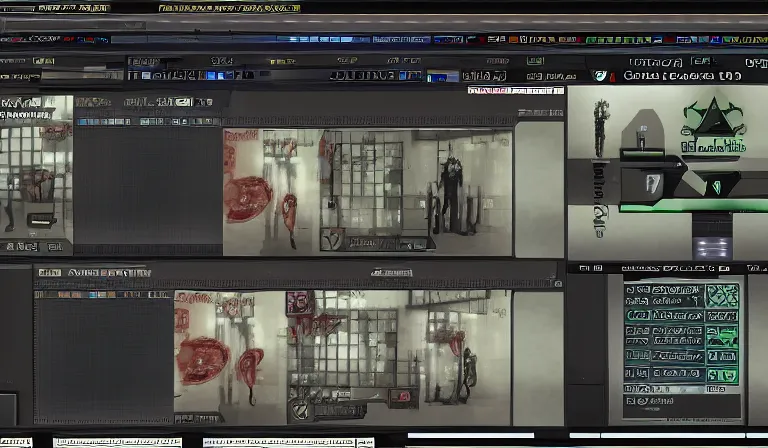 Prompt: GUI for a program that shows you nightmares, cyberpunk, horror, System Shock 2, Shin Megami Tensei, Deus Ex