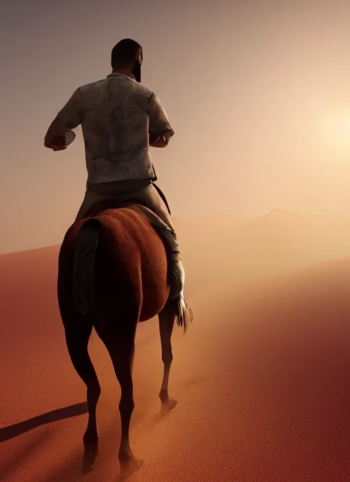 Image similar to horse on back of a man walking in desert, volumetric lighting, beautiful, golden hour, sharp focus, ultra detailed, cgsociety by leesha hannigan, ross tran, thierry doizon, kai carpenter, ignacio fernandez rios, noir photorealism, film