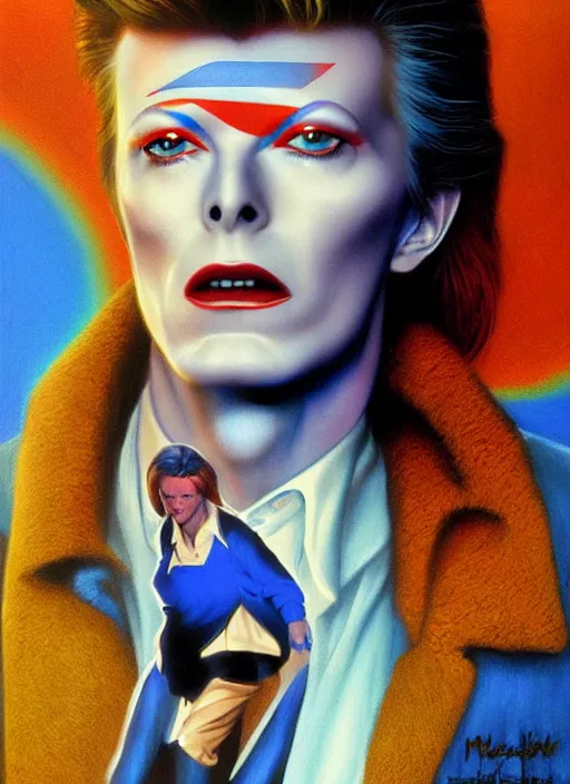 Image similar to twin peaks poster art, portrait of david bowie chases the blue colored rose, by michael whelan, rossetti bouguereau, artgerm, retro, nostalgic, old fashioned