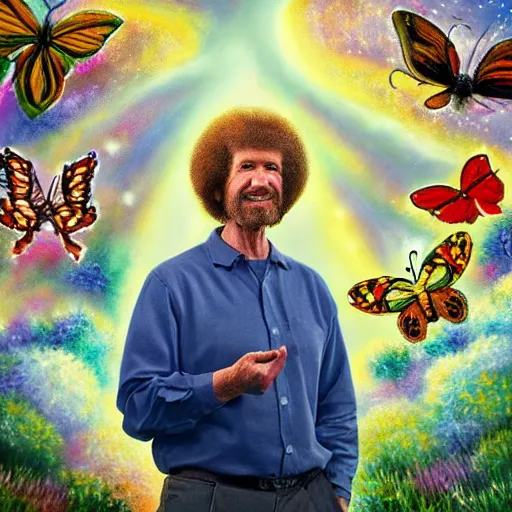 Prompt: man surrounded by butterflies, celestial light, divine, bob ross painting