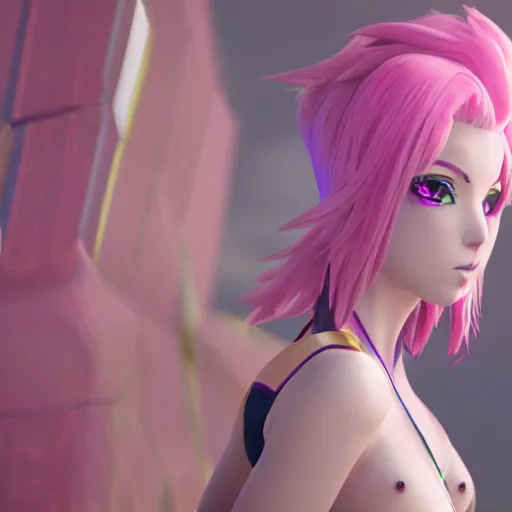 Image similar to taken from an extremely low angle at her feet, stunningly beautiful omnipotent anime goddess with pink hair and mesmerizing cyan eyes, unreal engine 5, 8 k