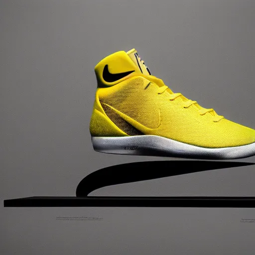 Prompt: a studio photoshoot of a Nike Kobe sneaker designed by Dieter Rams, air technology, geometric, knitted mesh material, realistic, color film photography by Tlyer Mitchell, 35 mm, graflex