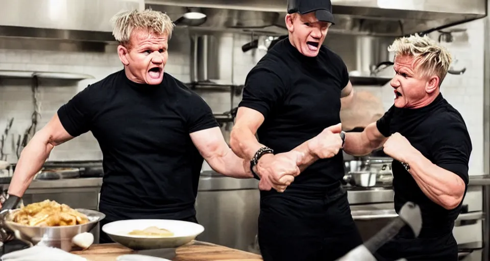 Image similar to photo of angry furious Gordon Ramsay punching Gordon Ramsay at the kitchen