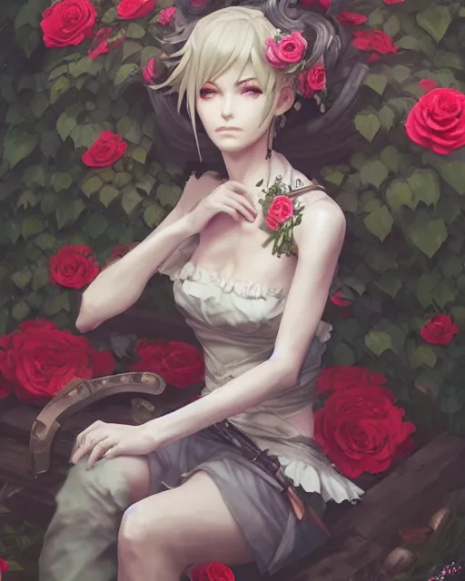 Prompt: an elegant lady sitting surrounded by skulls in a garden full of roses, final fantasy, cushart krenz, cushart krenz, very detailed, realistic face, detailed face, matte, tonemapping, perfection, 4 k,