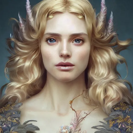 Image similar to portrait painting of a beautiful and regal blonde lady wearing a feathered cloak and noble garments, ultra realistic, concept art, intricate details, eerie, highly detailed, photorealistic, octane render, 8 k, unreal engine. art by artgerm and greg rutkowski and charlie bowater and magali villeneuve and alphonse mucha