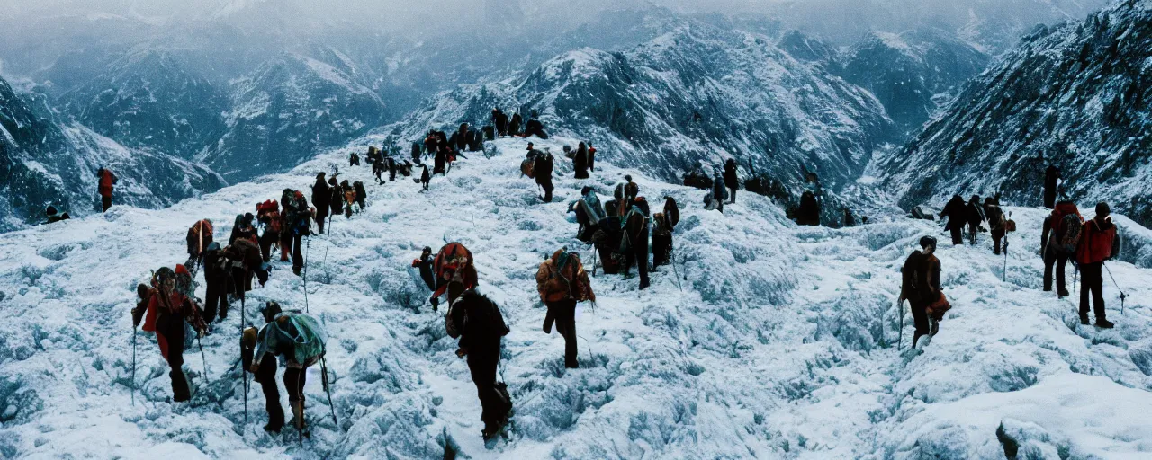 Image similar to people hiking over a hill made up of spaghetti on top of a frozen mountain, canon 5 0 mm, cinematic lighting, photography, retro, film, kodachrome