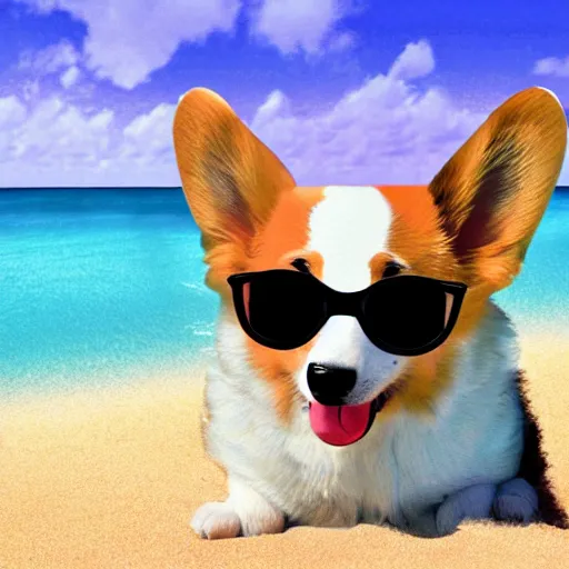 Prompt: a corgi puppy on the beach wearing neon sunglasses and smiling, digital art