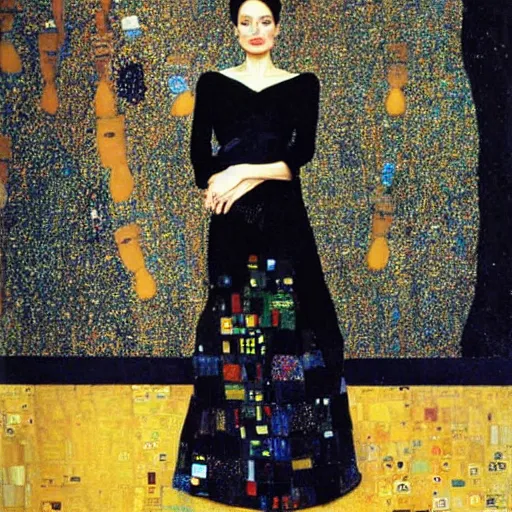 Image similar to an amazing award winning photo of angelina jolie as of adele bloch - bauer by gustav klimt