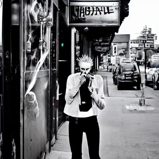 Image similar to androgynous punk smoking cigarette outside bar, photo iphone