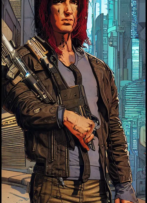 Image similar to cyberpunk mercenary. hiding in allyway. portrait by mœbius and will eisner and gil elvgren and pixar. realistic proportions. cyberpunk 2 0 7 7, apex, blade runner 2 0 4 9 concept art. cel shading. attractive face. thick lines.