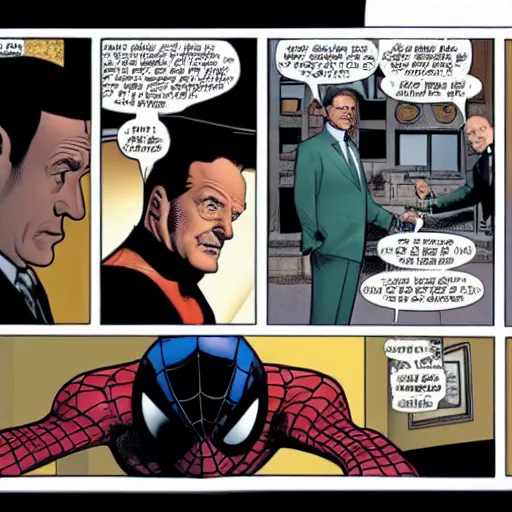 Prompt: Bryan Cranston talks to spiderman in vertigo comi