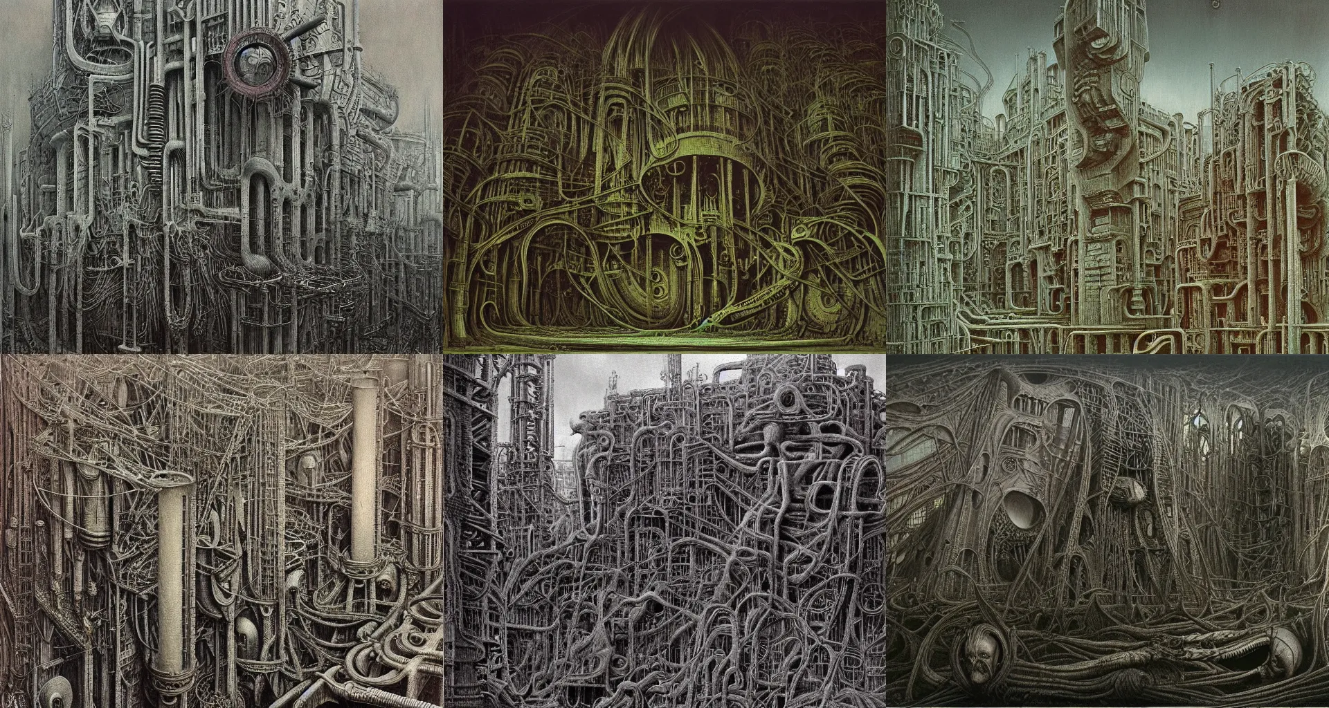 Prompt: evil factory of dreams, a highly detailed intricate painting by H.R. Giger and Zdzisław Beksiński