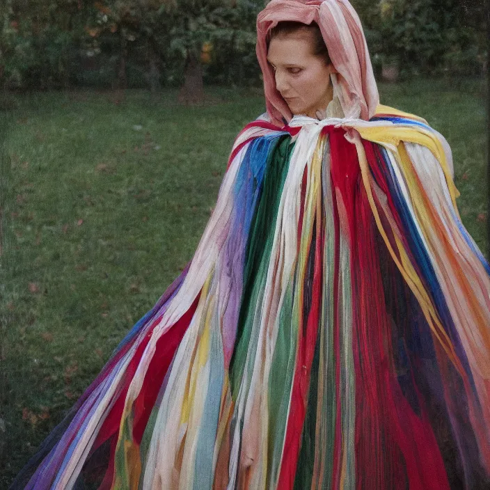 Prompt: a closeup portrait of a woman wearing a cloak made of ribbons, staring at an empty swing playground, color photograph, by vincent desiderio, canon eos c 3 0 0, ƒ 1. 8, 3 5 mm, 8 k, medium - format print