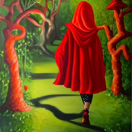 Image similar to oil painting of little red riding hood walking through a fantasy landscape filled with brugmansia suaveolens