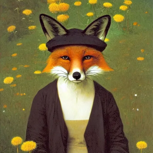 Image similar to A portrait of a fox wearing a hat full of dandelions, by Robert Cleminson and William-Adolphe Bouguereau