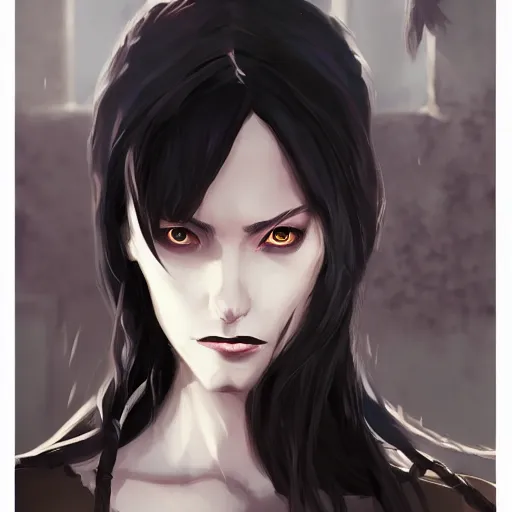 Image similar to female human vampire witch in the style of greg rutkowski, makoto shinkai, trending on artstation, character design, concept art, pretty face, highly detailed, long black hair, portrait, digital art