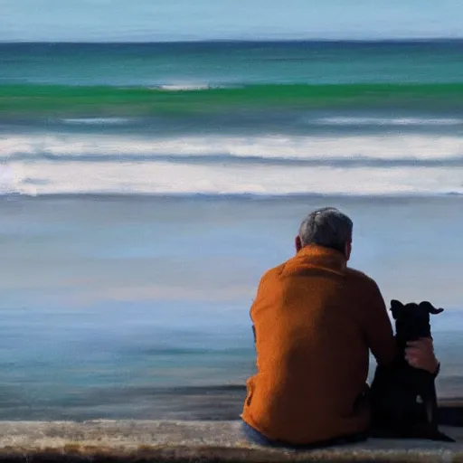 Image similar to a man staring off into the ocean with his dog, impressionist