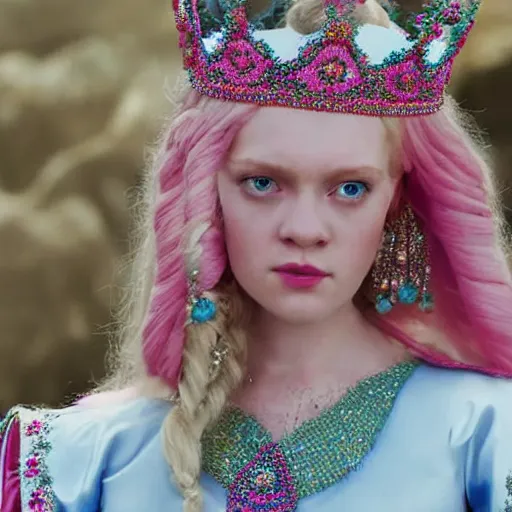 Prompt: an infallible princess with long blonde hair and blue eyes wearing a elaborately beaded pink dress and pink conical hennin, high resolution film still, live-action film by Simon Langton