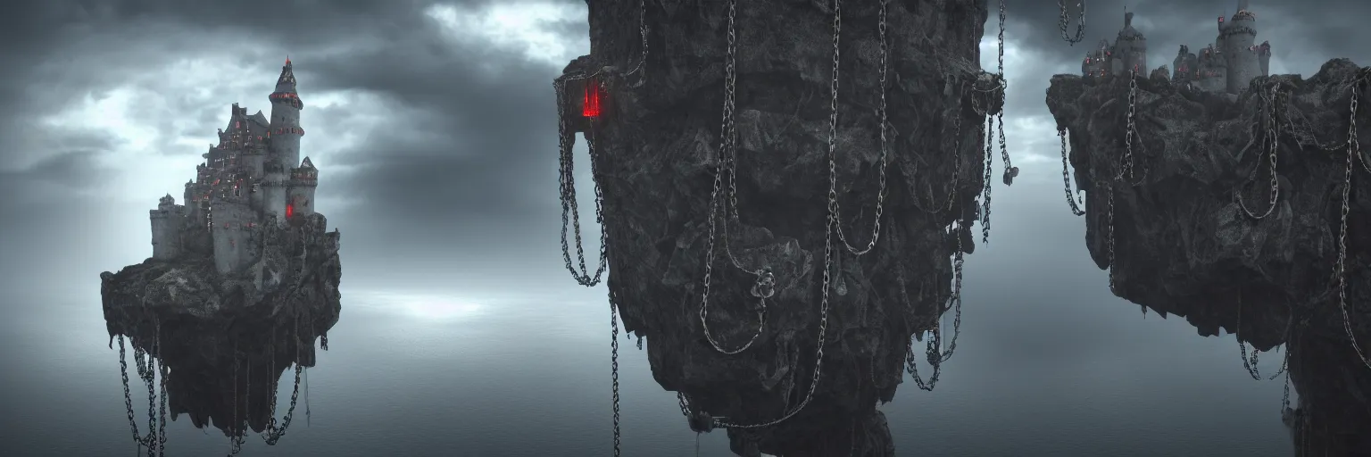 Prompt: hyper realistic cinematic view of floating castle hanging by chains in the air, in between a gorge, below only cloud dark void, 8 k resolution