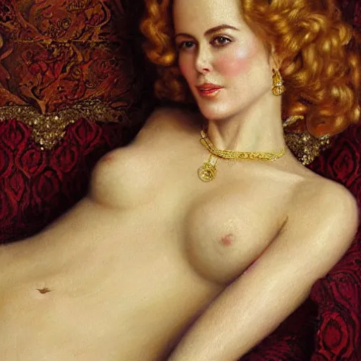 Prompt: beautiful_golden_portrait_of_a_Nicole_Kidman_a s_Grand Odalisque_intricate_oil_paintingby Jo hn_William_Godward_by_Anna_Dittman_by J-H 768-C9.0