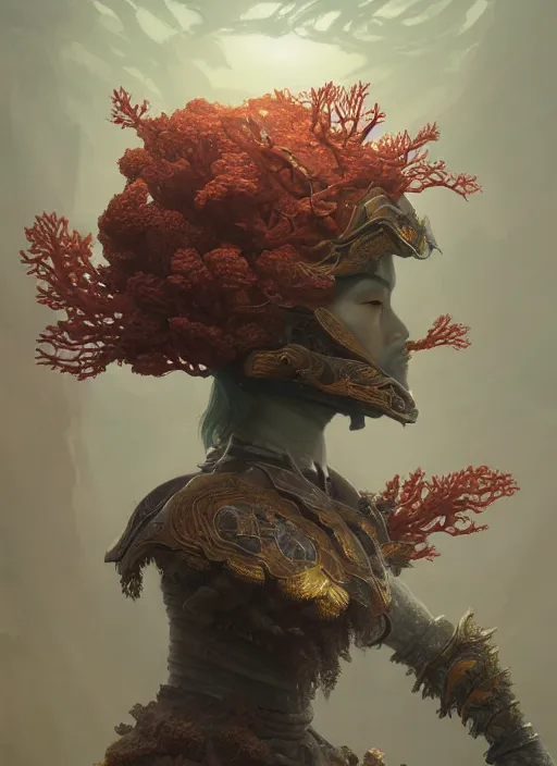 Image similar to Helmet of a forgotten Deity, corals, seaweed, halo, extremly detailed digital painting, in the style of Fenghua Zhong and Ruan Jia and jeremy lipking and Peter Mohrbacher, mystical colors, rim light, beautiful lighting, 8k, stunning scene, raytracing, octane, trending on artstation