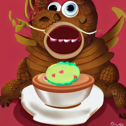 Image similar to dragon eating cookies, digital art, cute