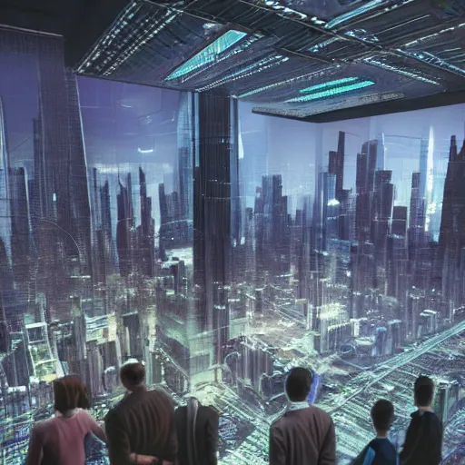 Prompt: large group people in a glass warehouse, looking at hologram of futuristic city on a table | cinematic concept art | godrays | 4 k | clear details | tabletop model skyscrapers | tabletop model | hologram center
