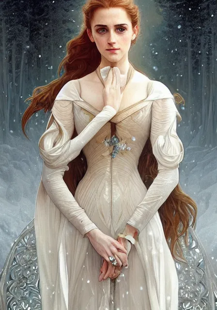 Prompt: sansa emma watson snow queen, intricate, elegant, highly detailed, digital painting, artstation, concept art, smooth, sharp focus, illustration, art by artgerm and greg rutkowski and alphonse mucha and william - adolphe bouguereau