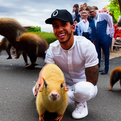 Image similar to an award winning photo of lewis hamilton holding a baby capybara, 4 k