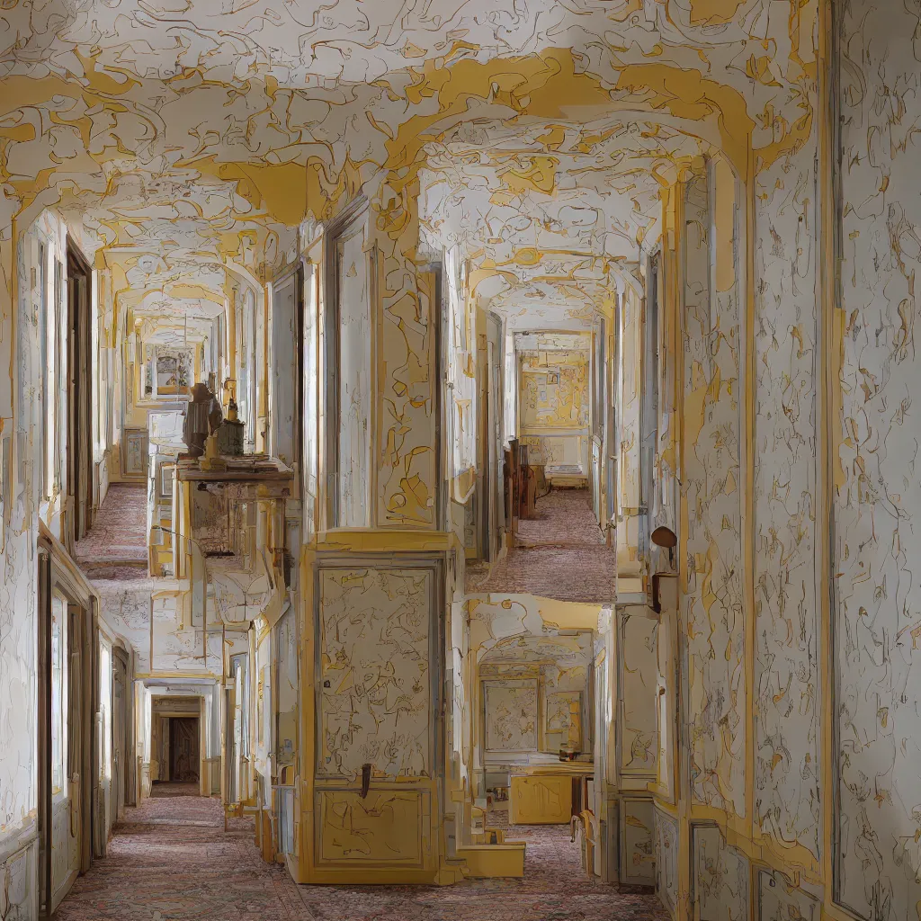 Image similar to photograph of a hallway in the style of Wes Anderson, architecture magazine, dezeen, 50mm, pentax, film