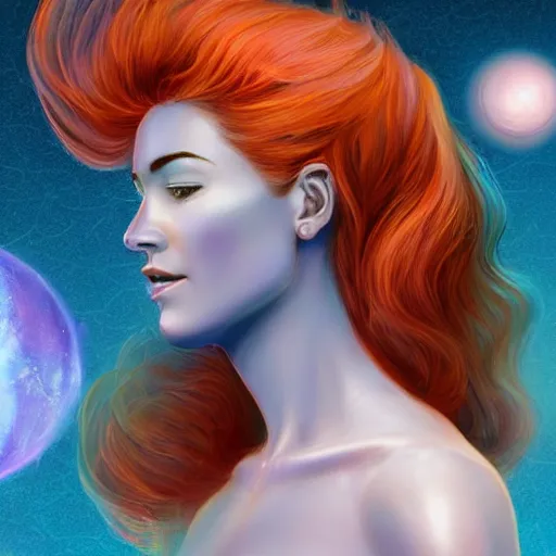 Prompt: Side profile portrait of an attractive glowing blue celestial goddess with an aquiline nose, a strong jawline and a gentle smile. Her head is tilted down, and her face is emerging from her massive orange nebula of hair with pink highlights which fills most of the image. Highly detailed 2D digital concept art, by senior concept artist. Inspired by Hubble space telescope images.