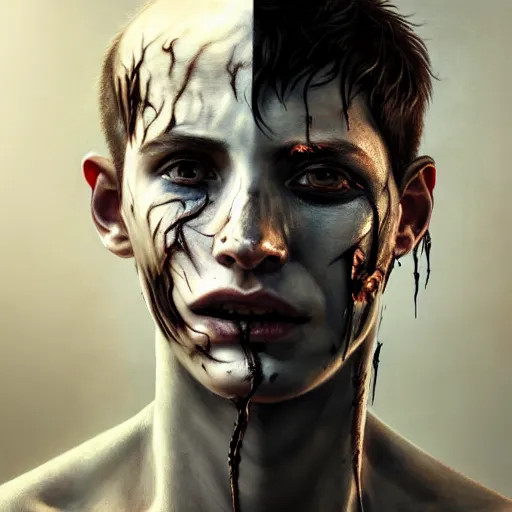 Prompt: portrait painting of young man with severe burn scars on his face and poorly cut short hair with a severe expression wearing tattered light armor, ultra realistic, concept art, intricate details, eerie, highly detailed, photorealistic, octane render, 8 k, unreal engine. art by artgerm and greg rutkowski and charlie bowater and magali villeneuve and alphonse mucha