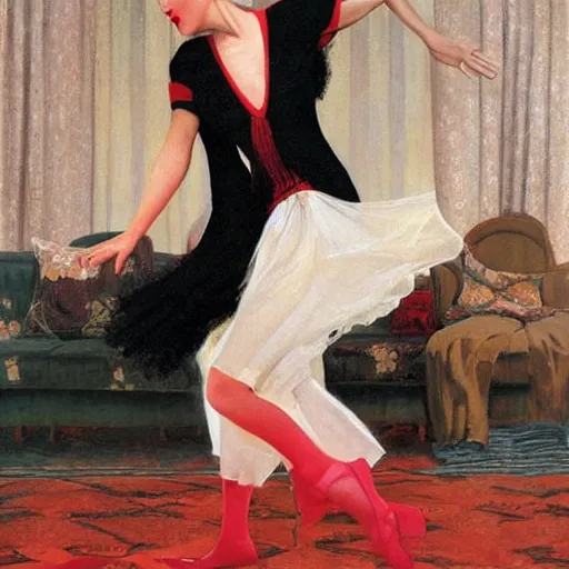 Image similar to a beautiful young girl was dancing the Charleston on the living room carpet with joy, fair skin, red lips, black hair, oil painting, Sherree Valentine Daines, Coles Phillips, Gil Elvgren, Dean Cornwell, JC Leyendecker, 8k