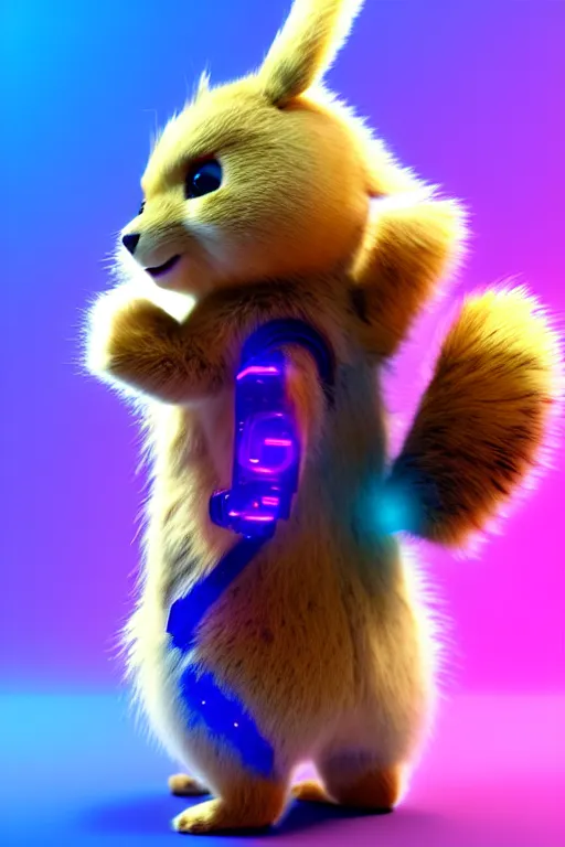 Image similar to high quality 3 d render cyberpunk very cute multicolored fluffy! quokka cyborg, robot paw, highly detailed, vray smooth, in the style of detective pikachu, hannah yata charlie immer, cinematic neon blue light, low angle, uhd 8 k, sharp focus