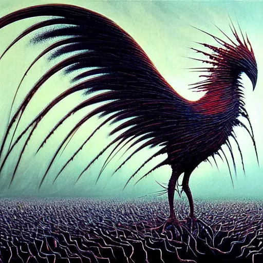 Prompt: horrifying mutant bird made of electricity fused with thousands of birds, thousand heads, mutilated, horror, blood, heavy damage, post apocalyptic, dystopian surrealism, patchwork of colours, zdzisław beksinski, sad atmosphere, volumetric light, style giger, alex ries, symmetry accurate features, symmetry accurate features, very intricate details, high resolution, intricate