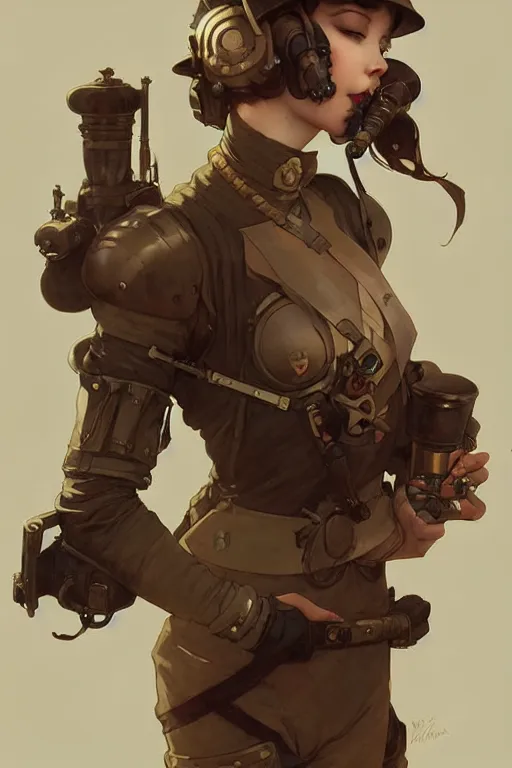 Image similar to dieselpunk soldier girl, helmet, shoulders, chest, portrait, armored, illustrations by wlop and alfons maria mucha and craig mullins and loish and rossdraws and artgerm