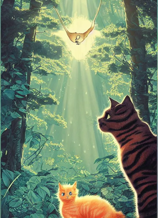 Image similar to a hyper realistic ink cat and the meaning of life and sunbeams blue sky, lush forest poster art by chiara bautista and kim jung giu and norman rockwell and greg rutkowski weta studio, and lucasfilm