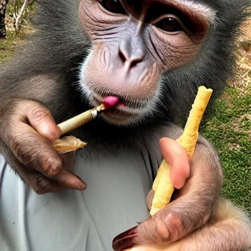 Image similar to Monkey holding and smoking a fat joint, iPhone selfie