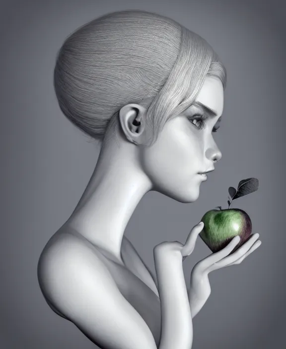 Image similar to cute anthropomorphic apple by charlie bowater and anna dittmann and artgerm and clemens ascher, portrait, intricate, elegant, silver mist, product shot, macro, symmetrical face, highly detailed, dramatic lighting, sharp focus, octane render, trending on artstation, artstationhd, artstationhq, unreal engine, 4 k, 8 k