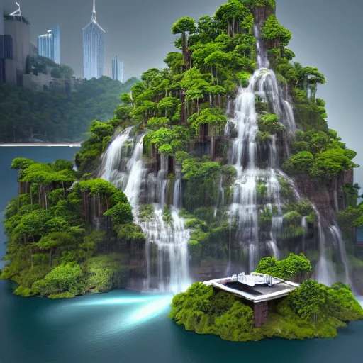 Image similar to manhattan and waterfalls on a floating island in the sky, low poly art, isometric art, 3d render, ray tracing, high detail, artstation, concept art, behance, smooth, sharp focus, ethereal lighting, unreal engine 5