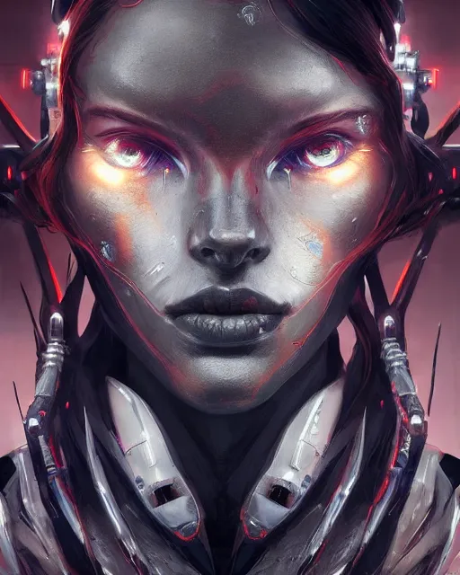 Image similar to a cyborg demon girl, flawless symmetrical pretty face, greg rutkowski, 8 k, shallow depth of field, intricate detail, concept art,